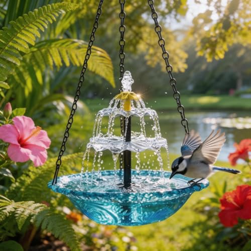 2026 New Solar Cascade Hanging Bird Bath Fountain – Outdoor Bowl Bird Bath with Solar Pump, Large Hanging Fountain for Hummingbirds, Gardens, Patio & Backyard (Blue)