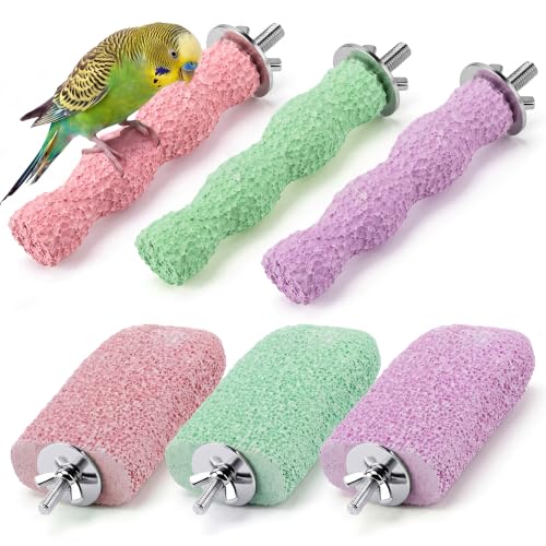 6 PCS Bird Beak Grinding Stone, Bird Perches, Nail Trimming Stick (Long) | For Small Medium Cockatiel Lovebird Finch Chinchillas Hamsters, Climbing Ledge, Grinding Claws and Beaks, Playful Design - size: Long