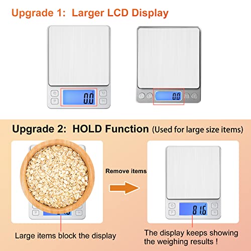 BOMATA Upgraded Small Food Scale with 0.1 g/0.001 oz High Precision | 3000 g/6.6 lb, New Hold Function, Larger Display, USB Rechargeable, Digital Kitchen Scale for Small Item, Jewelry. Sliver - size: 0.1g/3kg Silver