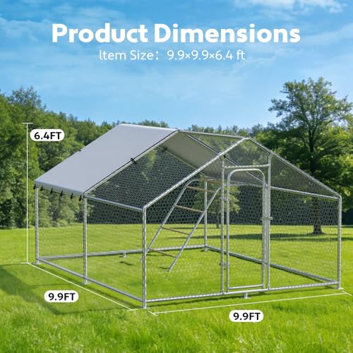 10 x 9.9 x 6.4 FT Metal Chicken Coop, Chicken Run with Cover | Walk-in Metal Chicken Coop, Waterproof Cover, Side Hardware Cloth, Roosting Perch, reinforced frame, Backyard & Farm Use - size: 119.0"L x 119.0"W x 78.0"H