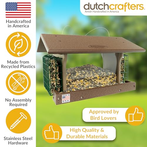 DutchCrafters Poly Hanging Large Hopper Bird Feeder with Two Suet Cake Holder Cages, Durable Long Lasting Outdoor Bird Feeder - Amish American Made in USA (Tudor Brown & Weatherwood) - color: Hanging - Tudor Brown & Weatherwood