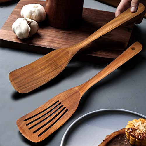 Non Toxic Wooden Spatulas for Kitchen Utensil Set Acacia Wood Cooking Spoon | Flat Wok Pancake Spatula Slotted Turner Bamboo Spoon for Cooking Utensil Spurtle Scraper Long Fish Egg Flipper Spatulas - color: 2Pcs-Natural