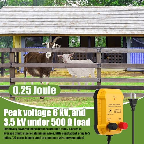 Electric Fence Charger Set 5 Mile 110VAC 0.25 Joule Electric Plug in Fence to Contain Chickens Pet Poultry 80 Black Insulator and 1 Socket Tool 985ft Aluminum Wire for Garden Pond Protection - style: 0.25 Joule