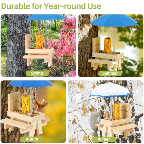 Squirrel Feeder Table with Umbrella, Wooden Squirrel Picnic Table Feeder, Sturdy Squirrel Feeder Corn Cob Holder, with Solid Structure and 2 x Thick Benches(Blue) - color: Blue