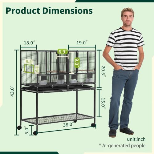 43" Big Bird cage with Stand;Stackable Cockatiel cage for Birds;Metal Large Bird cage with Divider;Flight Bird cage Large Space;Parakeet cage for Canaries,Finch,Budgie,Lovebirds