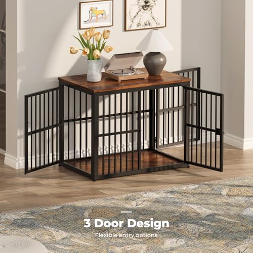 Lyromix 33'' Dog Crate Furniture with 3 Doors for Small to Medium Dogs | Wooden Kennel End Table, Heavy Duty Indoor Cage for French Bulldog, Beagle, Multiple Units Can be Combined, Rustic Brown - color: Brown, size: M(33.07''×22.05''×25.98'')