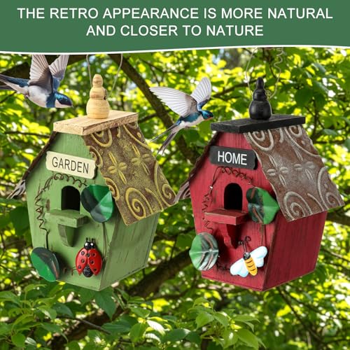 DoubleFill 2 Pcs Birdhouses for Outdoor Hanging Yard Outside Wooden Birdhouse Hand Painted Bird Box for Bird Lovers Bluebird Tree Garden Decor Decorative Birdhouse(Red,Green,Iron Roof) - color: Red,Green, size: Iron Roof