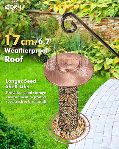 iBorn Peanut Bird Feeder,Sunflower Seed Feeder,13.5 Inch Metal Mesh Tube Bird Feeders for Outdoors Hanging,Squirrel-Proof Birdfeeders for Peanut with 17cm Weatherproof Roof & Tray,2 LB Capacity,Copper - color: Copper,13.5" Peanut Bird Feeder