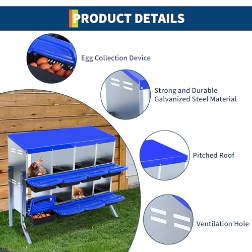 2-Tier Chicken Nesting Box, 8 Compartment Metal Nesting Box for Chickens with Waterproof Roof, Non-Slip Stable Base, Heavy Duty Chicken Laying Boxes for Hens, Poultry - color: Blue, size: 32.1"L x 16.9"W x 26.6"H