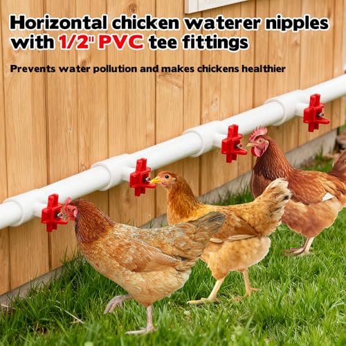 16 Pack Automatic Chicken Nipples Waterer, Horizontal Chicken Waterer Nipples with 1/2'' PVC Tee Fittings DIY Auto Chickens Waterering System Waterer Drinker and for Ducks Quail and Other Poultry