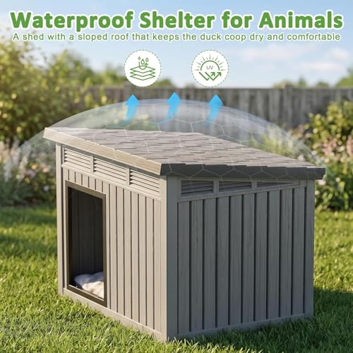 Vixzen Outdoor Duck House, PP Resin, Gray | Spacious Interior Poultry Shelter, Gas Strut Opening Top & Shutter Vents, Easy Cleaning and Storage - color: Gray, size: 42.9"L x 33.0"W x 31.6"H