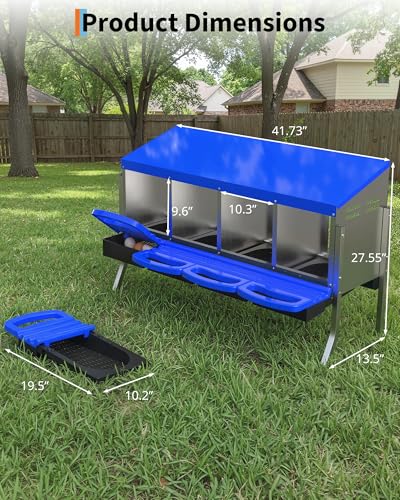 GarveeLife Chicken Nesting Box 4 Hole, Galvanized Steel Nest with Roll Away Egg Collection & Swing Perch, Easy-Clean Laying Box for Hens, Heavy Duty Design for Chicken Coop - color: Blue, size: 4 holes with legs