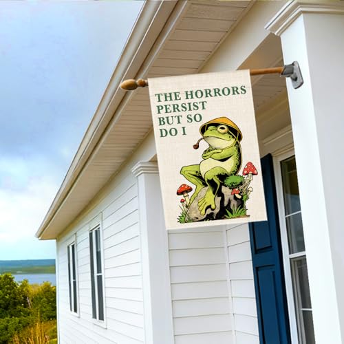 RZHV The Horrors Persist But So Do I Double-Sided Garden Flag for Outdoor House Yard Sign Garden Decor Parade, Funny Frog Social Justice Yard Sign, Motivational House Patio Outdoor Banner - color: Horrors