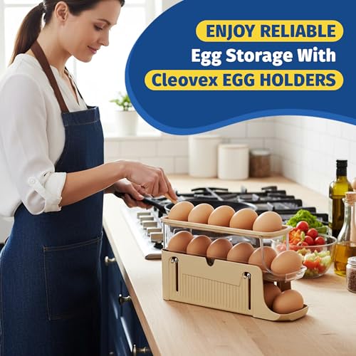 Adjustable Egg Holder for Fridge, Space Saving Egg Organizer Container, Automatic Rolling Egg Dispenser for Refrigerator, Clear Tray for Kitchen Countertop, Home, RV and Dorm Room