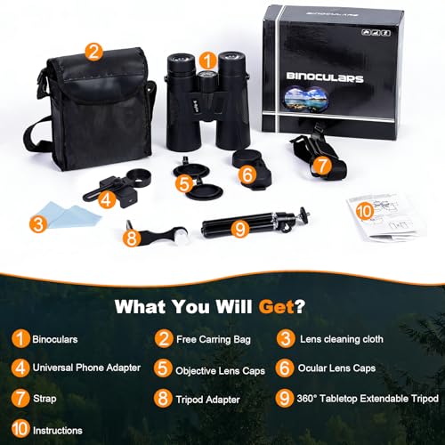12x42 HD Binoculars for Adults High Powered with Phone Adapter Tripod | Bird Watching Binoculars Compact BAK4 Prism FMC Lens Waterproof Low Light Vision Binoculars for Cruise Ship,Hunting,Hiking