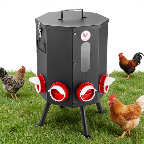 Automatic Chicken Feeder 8 Feeding Ports, 50lbs No-Waste Gravity Poultry Feeder 8 Feeding Ports with Rainproof Lid, Rodent-Proof Large Capacity Metal Chicken Feeder for Hens, Ducks, Birds