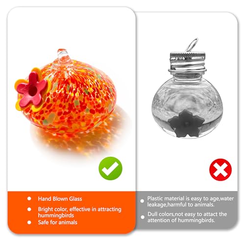 2 Pcs Blown Glass Hummingbird Feeder for Outdoors Hanging, Ant & Bee Resistant Window Bird FeederHandmade Garden Decor Gift for Women - Small Round Glass Feeders Bundle (Droplet B2) - color: Droplet B2