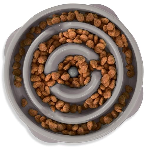 Outward Hound Fun Feeder Slo Bowl – Medium 2‑Cup Capacity, Slow Feeding, Small to Medium Dogs & Cats, Non-Slip, Gray, Drop Pattern - color: Gray, size: Medium