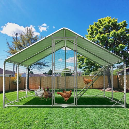 Large Metal Chicken Coop Runs for Yard with Cover, 10x13x6.5 | Perch Bars, Split Doors, Waterproof Covers, Mesh Wire - color: Spire Top, size: 157.5"L x 118.1"W x 78.7"H
