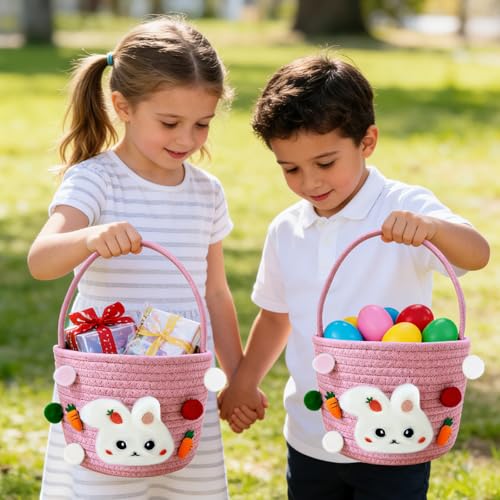 Easter Bunny Baskets for Kids, Baby Easter Empty Egg Basket with Handle, Woven Rope Cute Treasure Egg Hunt Baskets for Boys Girls Toddler, Easter Gifts, Pink ﻿ - color: Pink