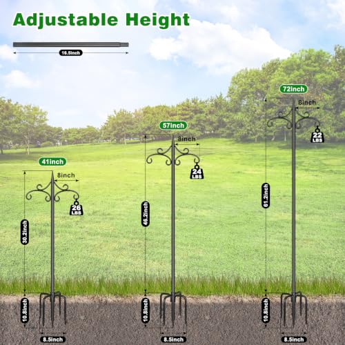 Double Shepherd Hook for Outdoor,72in Heavy Duty Bird Feeder Pole | 3/4” Steel Pole,5-Prong Stable Base,Adjustable Height,22lb Capacity,Perfect for Bird Feeder, Plant, Lantern,Rust Resistant