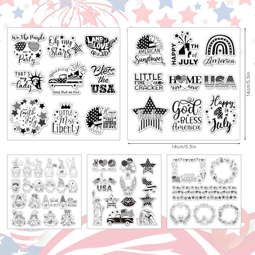 Whaline 5 Sheet 4th of July Clear Stamps Patriotic Silicone Transparent Stamps Border Stamp Cards for 250th Anniversary Independence Day Memorial Day DIY Crafts Card Making Scrapbooking Embossing - style: 4th of July