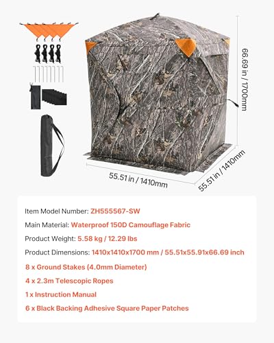 VEVOR Hunting Blind，See Through Ground Blinds with Carrying Bag, 360 Degree Portable Camouflage Tent，Durable Concealed Shelter with Silent Side Door and Window, for Turkey and Deer - size: Horizontal Windows-55.5 x 55.5 x 66.9"