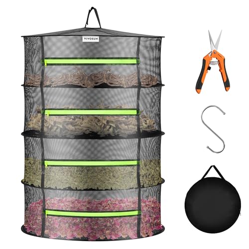 VIVOSUN 4-Layer Mesh Drying Rack Hanging Design with Green Zippers for Dehydrating, Indoor and Outdoor Pruning Shears Included - size: 4 Layer, style: 1 Pack