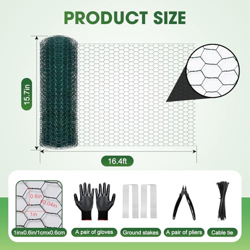 Chicken Wire for Floral Arrangements, 16x197in Chicken Wire Fencing, Green | Hexagonal PVC Coated, Metal Poultry Wire Netting for Craft, Outdoor Plants - size: 16x197 inch