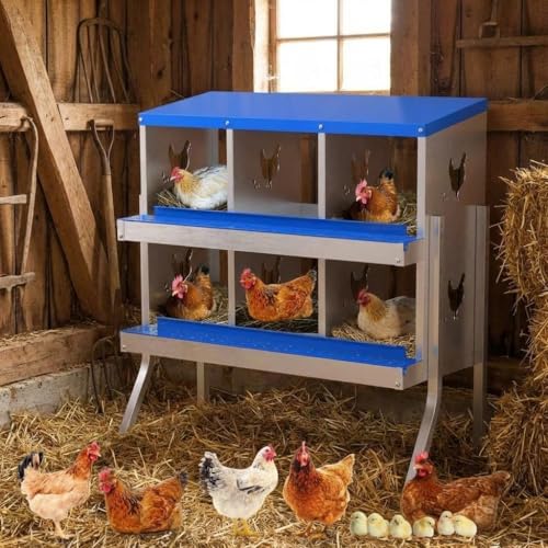Chicken Nesting Box, 6 Compartment Galvanized Steel Chicken Laying Boxes, Heavy Duty Rustproof Chicken Coop with Easy Egg Collection for Backyard Farms - with Bracket Legs, Blue - color: blue, size: 46.1"L x 17.3"W x 8.5"H