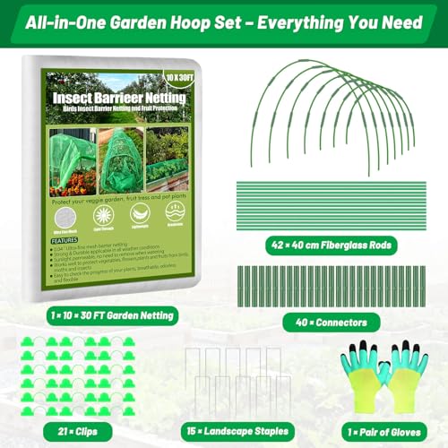 Tetutor Garden Mesh Netting Kit,7 Sets Wide Garden Hoops with 10x30 ft Garden Covers Bird Netting& 12 Clips, Garden Protection for Raised Beds Greenhouse Vegetable Plants Flowers Green - color: Green+white
