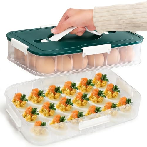 VitalYang Deviled Egg Container with Lid, Double Layer Egg Container, 36 Count Deviled Egg Tray- Secure Lock & Handle, Stackable, Leak-Proof Design for Parties & Catering, Green - color: Green
