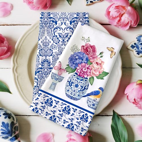 Blue and White Porcelain Tea Towel, Cotton Kitchen Towel, Set of 4 | 18.9 x 27.5 in / 48 x 70 cm, Lightweight Woven Dish Cloth with Blue And White Porcelain Print for Kitchen Decor - color: Blue and White Porcelain