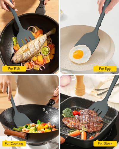 Pack of 2 Silicone Spatula Turners, Non Stick Slotted Kitchen Spatula Set, Heat Resistant BPA Free Kitchen Utensils, One-Piece Design, Suitable for Flipping Fish, Eggs, Steak, Pancakes(GRAY) - color: Gray