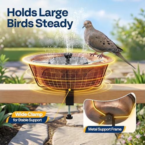 VIVOHOME Deck-Mounted Bird Bath with Solar Fountain, 13-Inch Bowl, Bronze | Solar-Powered Pump, Weather-Resistant ABS, Adjustable Metal Clamp, for Railing/Fence/Balcony, Bird-Friendly, Easy to Clean - color: Bronze, size: Birdbath with Fountain
