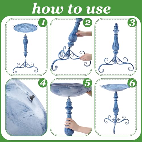 Newtay 27.25" Ornate Metal Pedestal Style Birdbath with Cast Iron Vintage Birds Baths for Outdoors on Rim Full Base Standing Bird Bath Tray for Garden Yard Decoration Not Easy to Rust (Blue) - color: Blue