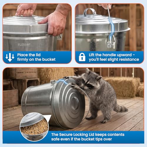 Plexon 6 Gallon Small Metal Trash Can with Lid Outdoor Locking Galvanized Metal Garbage Can with Lid for Poultry Feed Bird Seed Storage Ash Galvanized Bucket - size: 6-Gallon