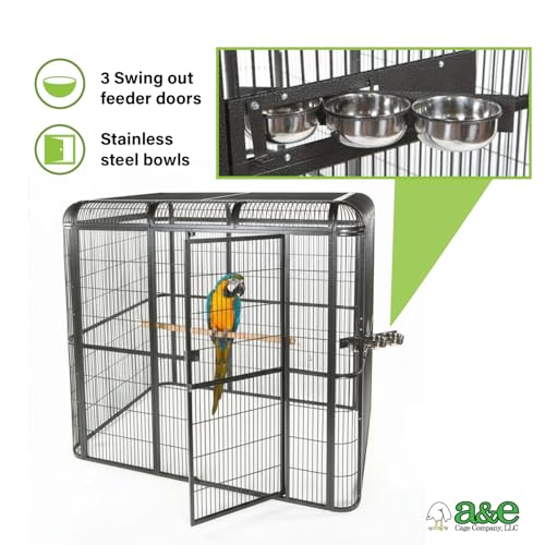 A&E Cage Co WI8662 Walk-in Bird Aviary for Parrots, 86"x62"x79" Black | Key-Lock 69"x25" Front Door, 3 Feeder Doors, Stainless Steel Bowls, Powder-Coated Finish, Room for Large Parrots - size: 86.0"L x 62.0"W x 79.0"H