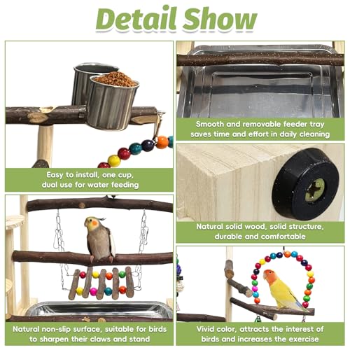 PINVNBY Bird Playground 9 PCS Parrot Perch Stand Play Gym Cockatiel Wood Bird Toys Birds Cage Accessories Playpen with Feeder Cups Hanging Swing Toys for Parakeet Conure Lovebird Cockatiel - size: Three Floors With Chew Toys