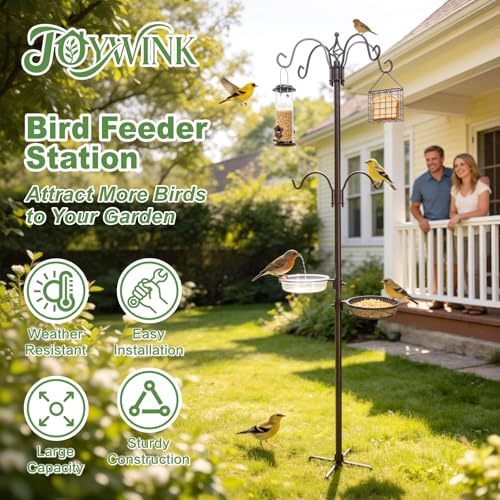 83" Bird Feeding Station Kit with Multiple Hooks, Heavy Duty Metal Bird Feeding Station with Seed Tray & Mesh Basket, Easy Assembly Ground Mounted Bird Feeder Pole for Garden Yard Outdoor - size: 83"Bird Feeding Station