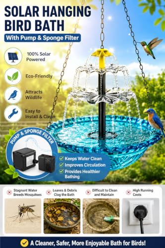 2026 Smart Birdbath Fountains Solar Power, Hanging Birdbath Fountain Solar Cascade,Clear Hummingbird Birdbath with Solar Powered for Outdoor Livng Garden Patio Backyard
