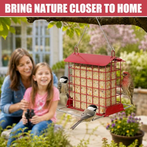 HOSUN Metal Suet Bird Feeder, Hanging Outdoor Wild Bird Cage, Red | All Metal Suet Cage, Weather-Resistant Roof, Easy Refill Top, Bottom Perch, Ventilated Base, Year Round Bird Feeding