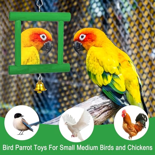 Chicken Mirror Toys with Bells, Hanging Swing Mirror, Wooden Pecking Toy, Beak Grinding Molar Stones for Hens, Birds, Parrots, Xylophone, Sepak Takraw Toy