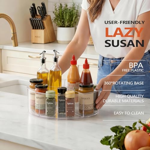 Divided Lazy Susan Turntable Organizer, 11.5" Clear Round Lazy Susan | Rotating Turntable Organizer, Plastic Lazy Susan Turntable, Rotating Storage Container Tray for Pantry, Fridge and Kitchen - size: 1 Pack - 11.5in 5 Section