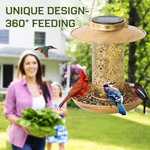 Bird Feeder for Outdoors Solar Hanging Bird Feeder Bird House with Cardinal Feeder Large Capacity Metal Wild Bird Feeder for Garden Decor Unique Gifts & Patio Decor (Bronze, 8 INCH)