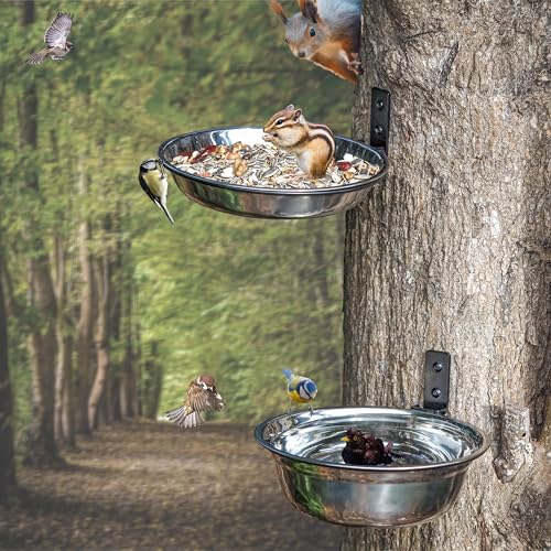 2 Pack Bird Feeder Bowls for Outdoor Fence, Deck or Wall | Stainless steel food and water bowls with mounting brackets for birds and squirrels; for fences, decks, walls and wood.