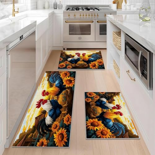 Farmhouse Kitchen Rugs Set of 3, Non Slip Washable Durable Stain Resistant Floor Mat Set,Multicolour-Rooster and Sunflower Home Decoration,Rooster Welcome Kitchen Runner Rug 16"X24"+20"X32"+20"X47" - color: Multicolour-rooster&sunflower
