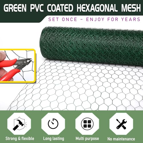 48in×150ft Chicken Wire Roll Hexagonal Netting Galvanized PVC Coated 1in Mesh Garden Poultry Fencing Barrier Animal Plants Hardware Cloth Crafts for/Rabbit/Floral/Chicken Coop/DIY Projects - size: 1in 48in×150ft