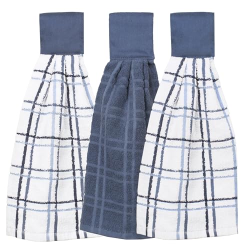 Ritz Premium 100% Cotton Solid and Multi Check Kitchen Tie Towel Absorbent, Super Soft, and Fast Drying Hang Towel, Set of Three, Federal Blue - color: Federal Blue, size: Solid & Multi Check - 3 Piece
