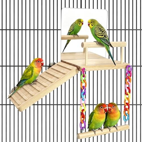 Bird Perches Platform Swing for Cage Bird Toys with Bird Mirror | Climbing Frame for Lovebirds, Budgies,Pacific Parrotlets,Chinchilla, Hamster Gym Exercise